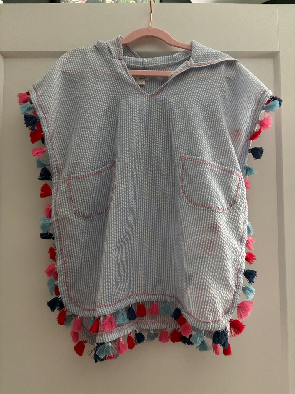 Mud Pie Light Blue Hooded Tassel Poncho with Multicolor Fringe Swim Coverup
